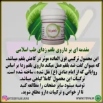 A white plastic bottle labeled بلغم زدا is centered, framed by green leaves and a blue border. Persian text highlights its herbal benefits, available for خرید داروهای طب اسلامی at فروشگاه طب اسلامی.