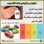 An infographic in Persian about the benefits of سویق جو, featuring a glucometer, mineral capsules (Ca, Fe, Zn, Mg), and expressive cartoon faces. Text lists benefits and highlights محصولات طب اسلامی from فروشگاه طب اسلامی.